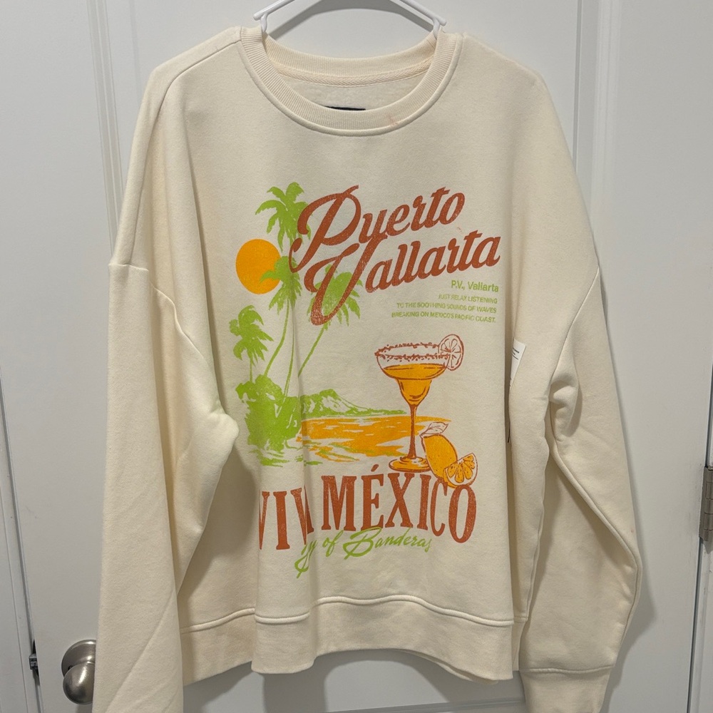 Original Use Cream Sweatshirt with Orange and Lime Green Beach Graphic